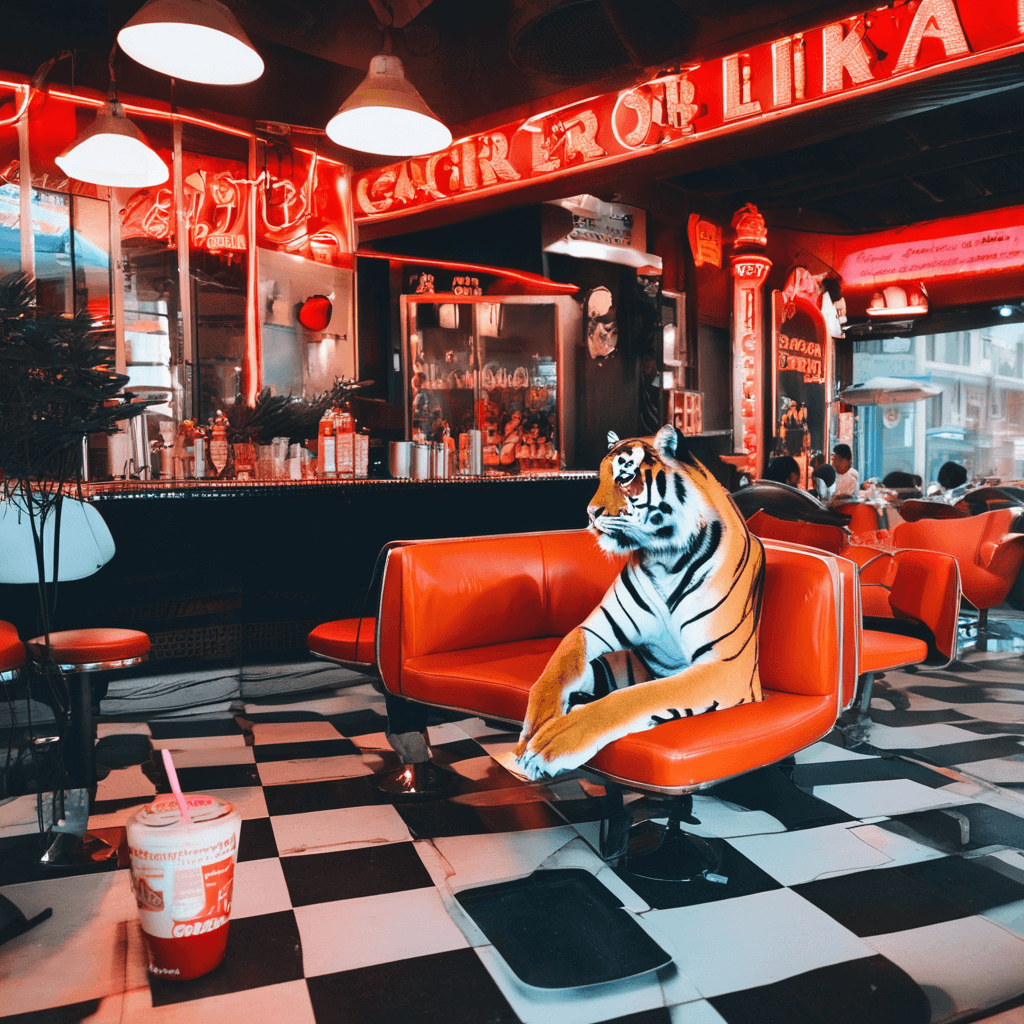 generated image of a tiger sitting in a chair drinking orange juice