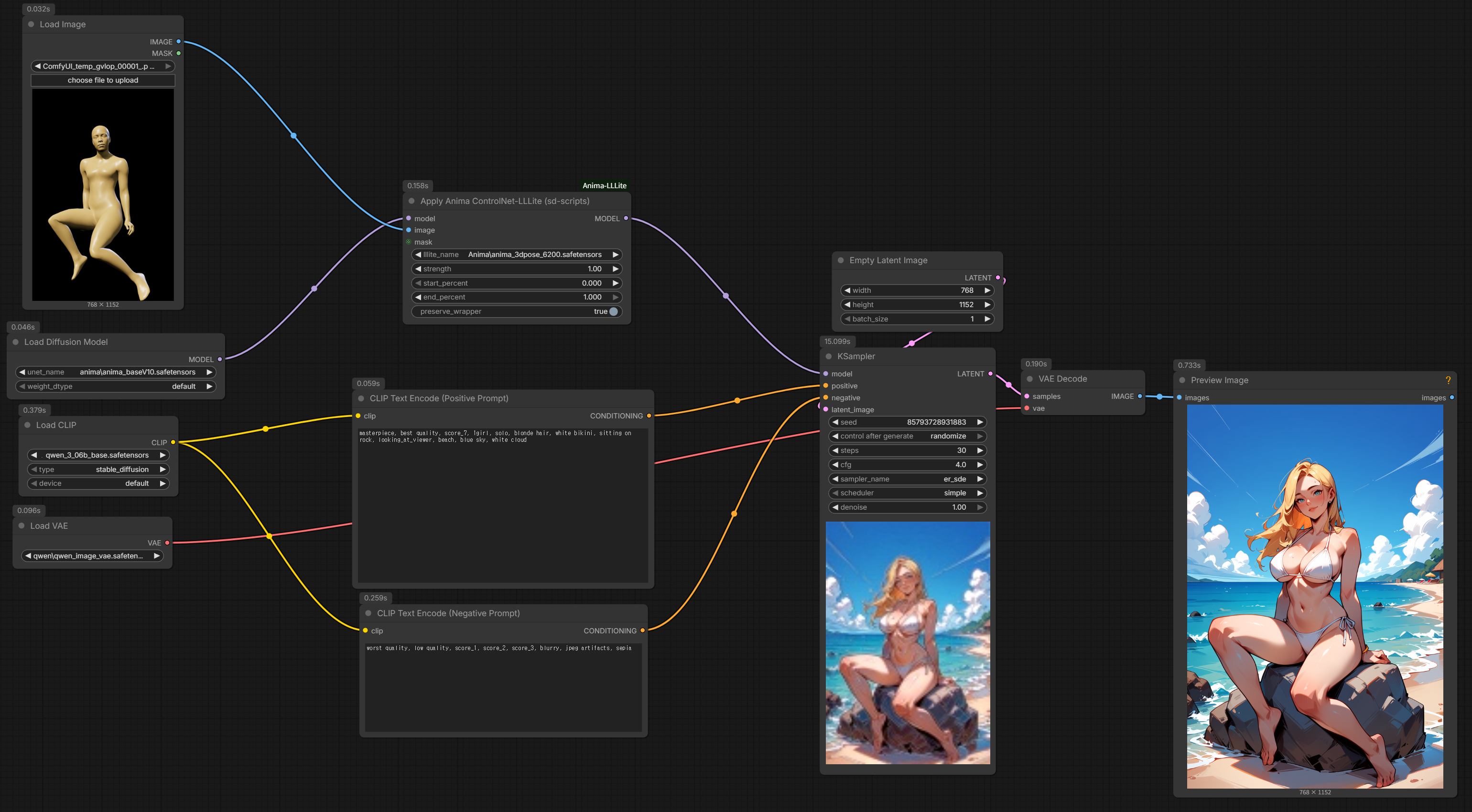 3D pose ComfyUI workflow with input mesh, node connections and generated preview